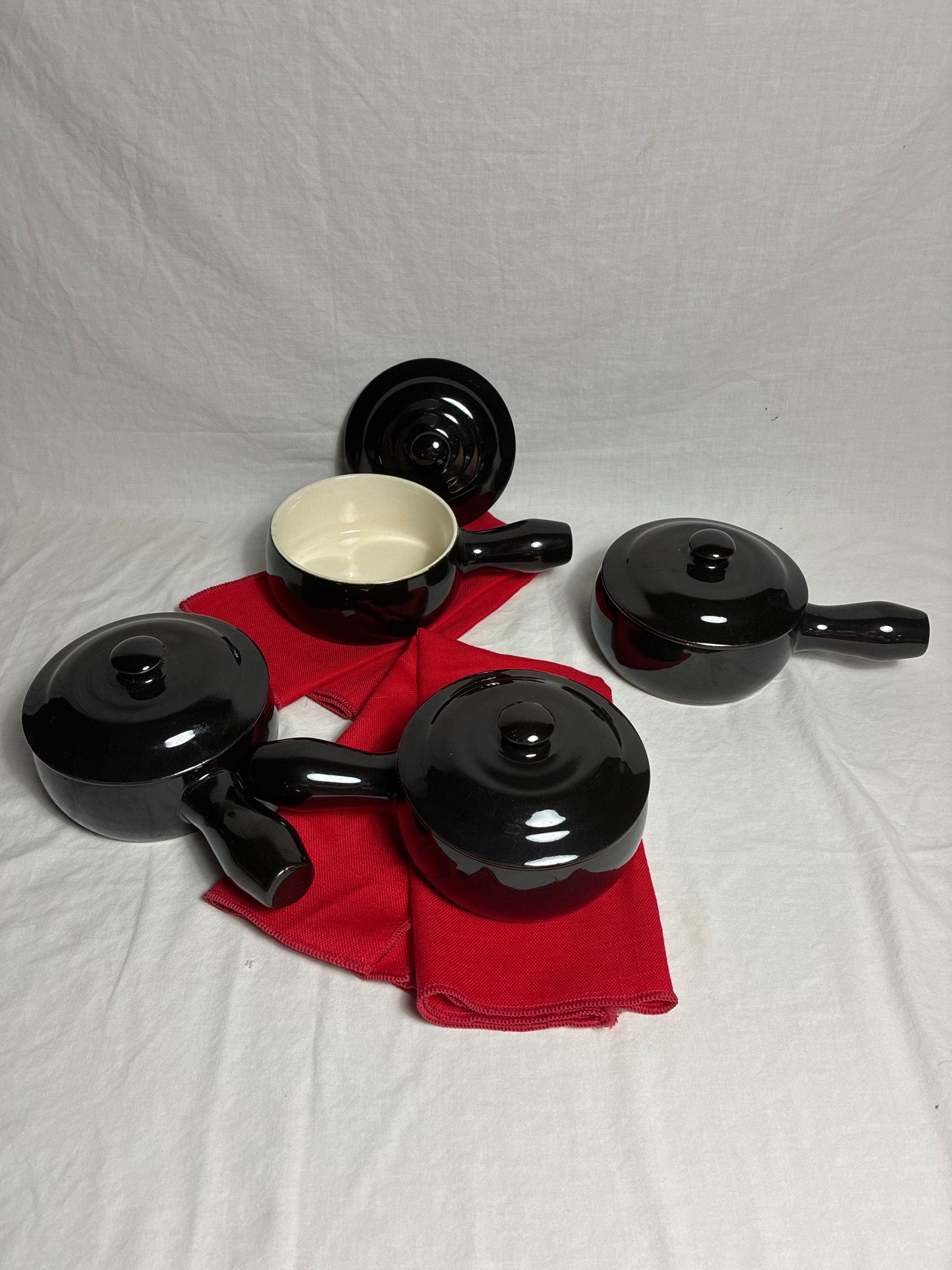 Vintage Korean black lidded Ttukbaegi (bean pot) set of 4