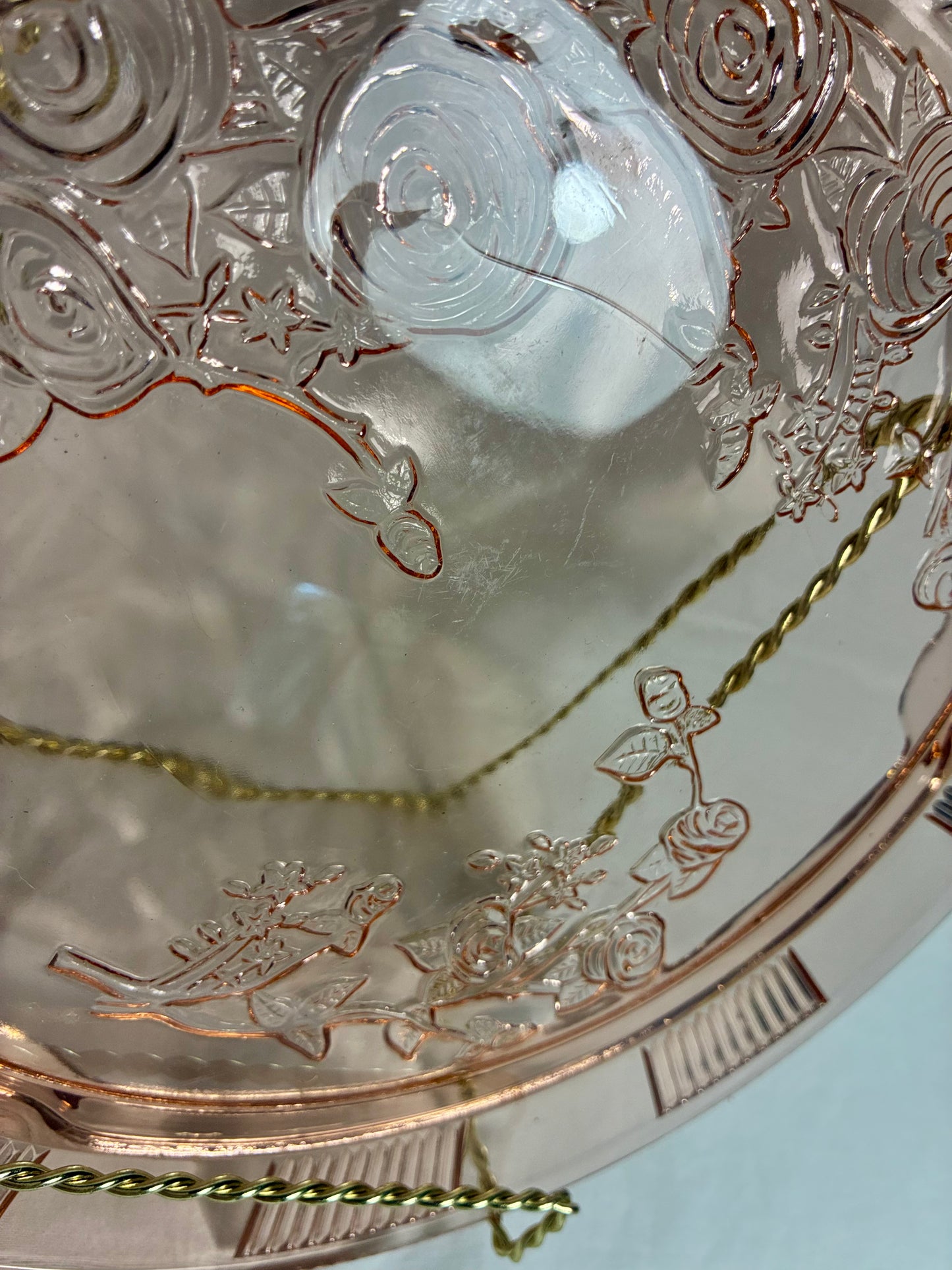 Pink Depression glass cake plate