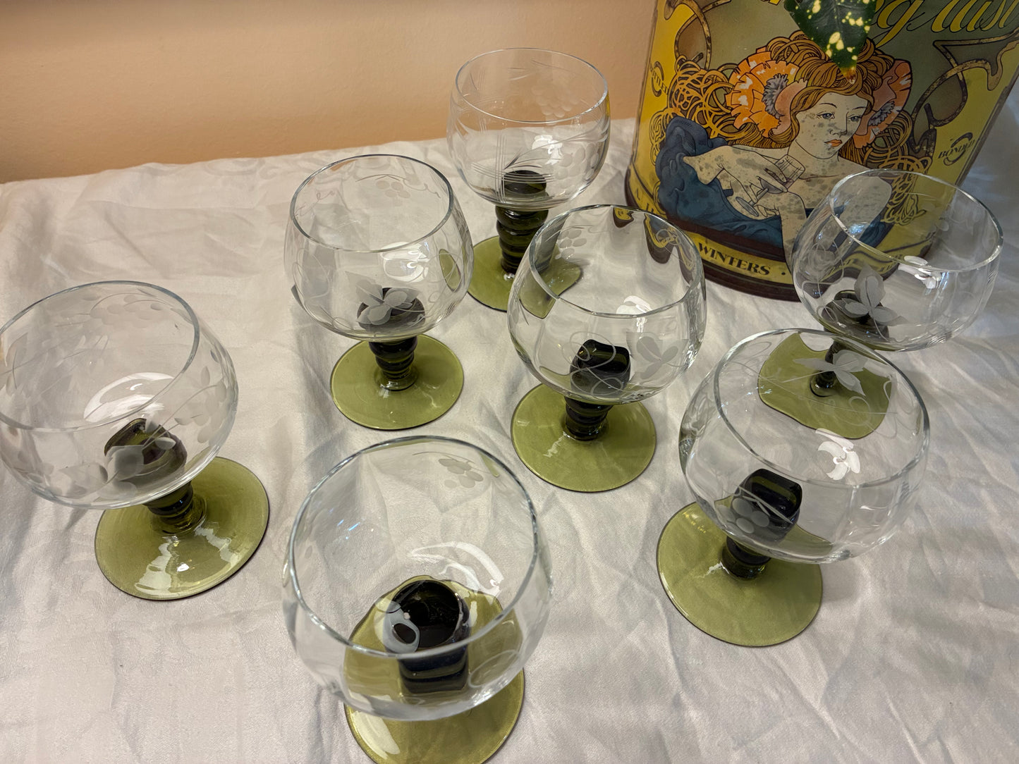 Set of 6 Vintage Etched Wine Goblets with Olive Green Bubble Stems | Heirloom Floral Glassware