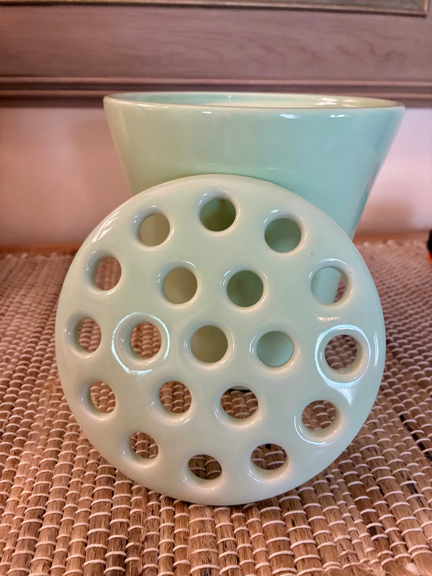 Celadon pale green flower frog vase