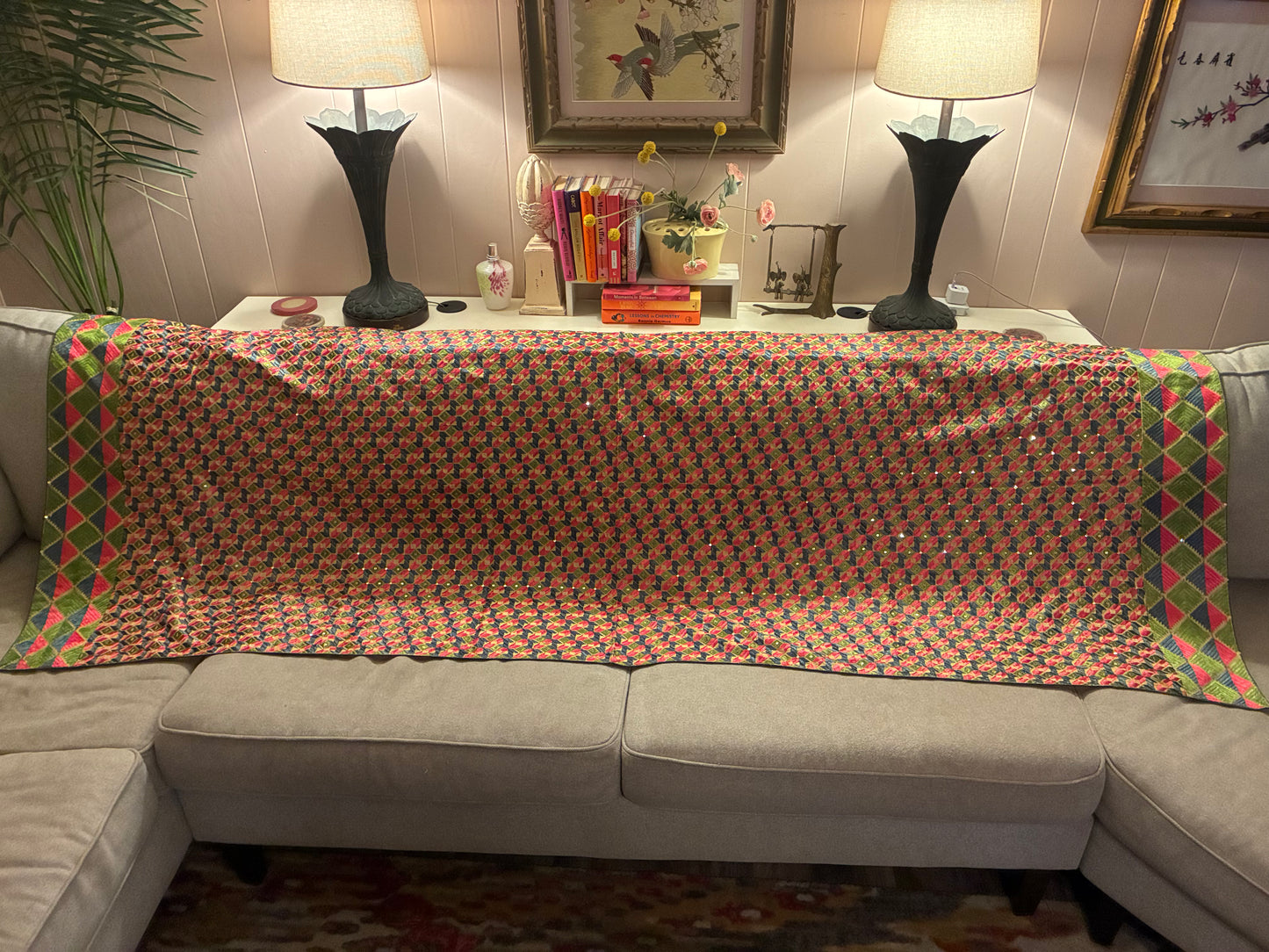 Khantha embroidered throw in pink and green