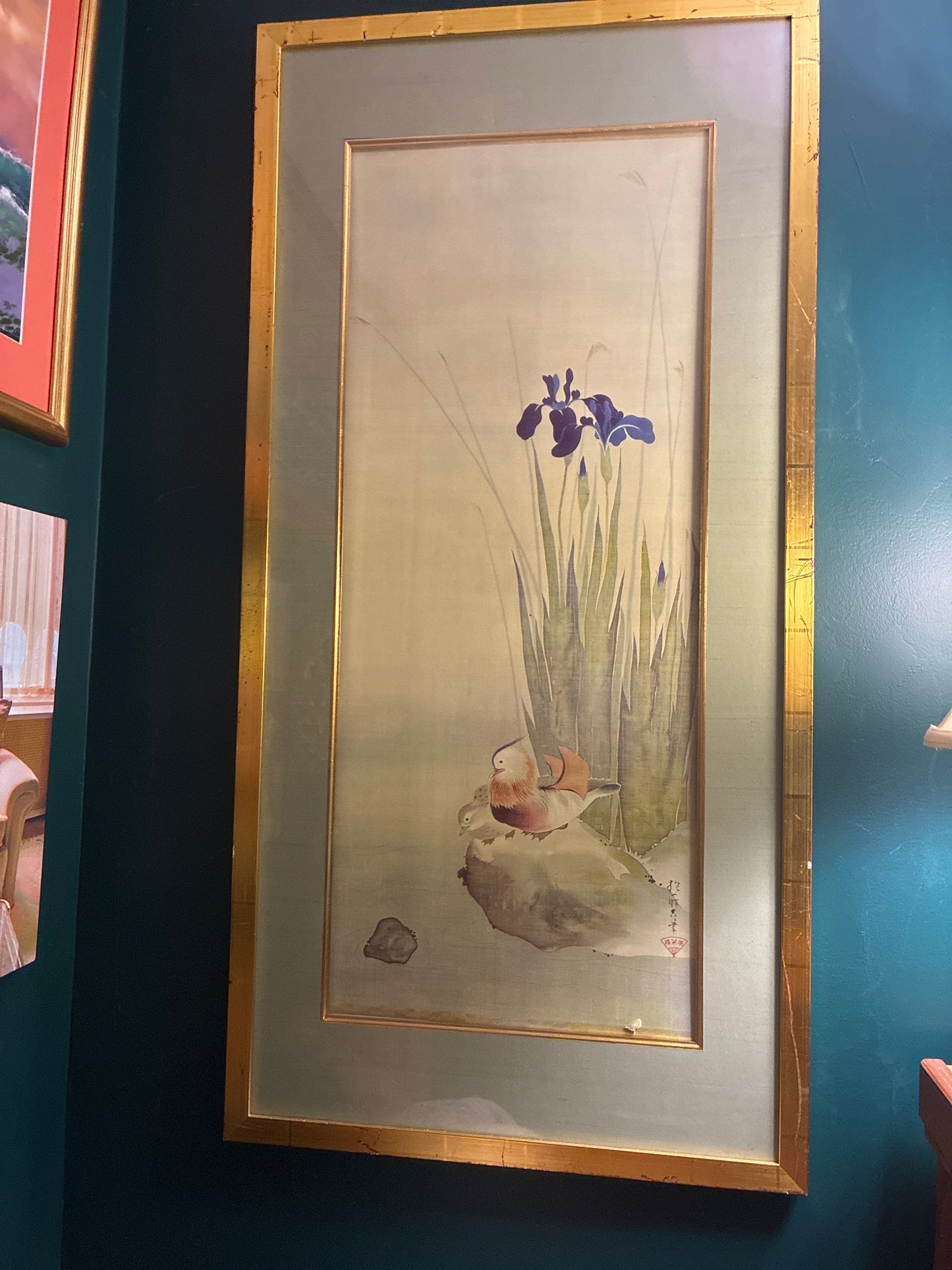 Japanese framed watercolor iris and Mandarin