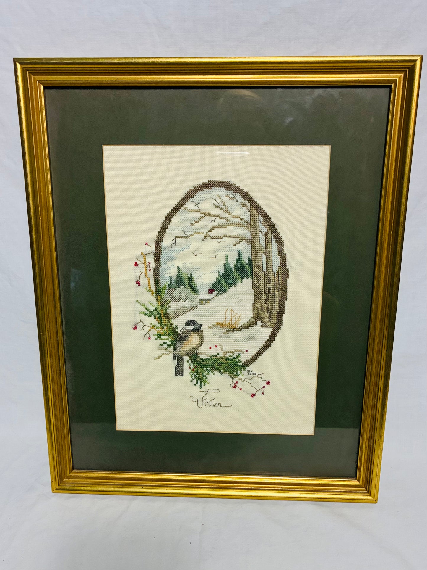 Framed Vintage Winter Cross-Stitch | 13” x 16”