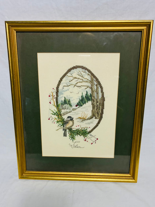 Framed Vintage Winter Cross-Stitch | 13” x 16”