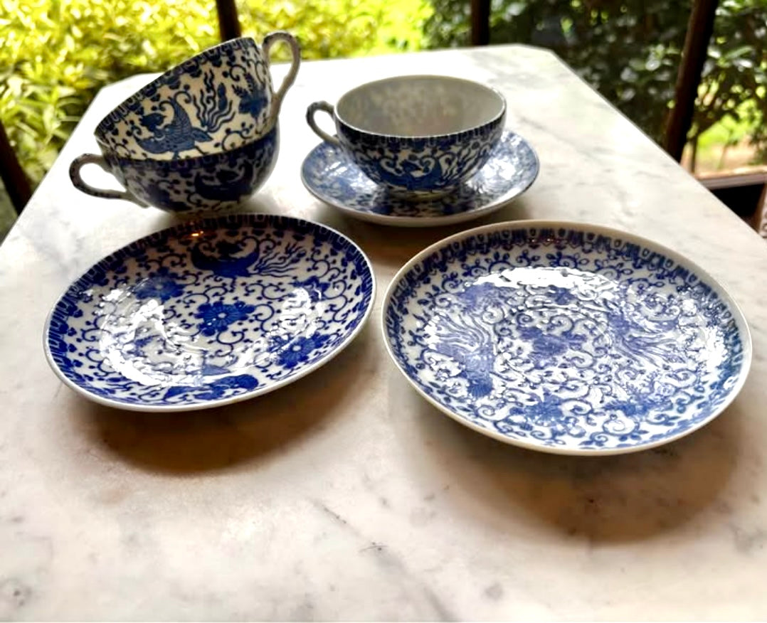Vintage Blue & White Phoenix Tea Set - Trio of Cups and Saucers