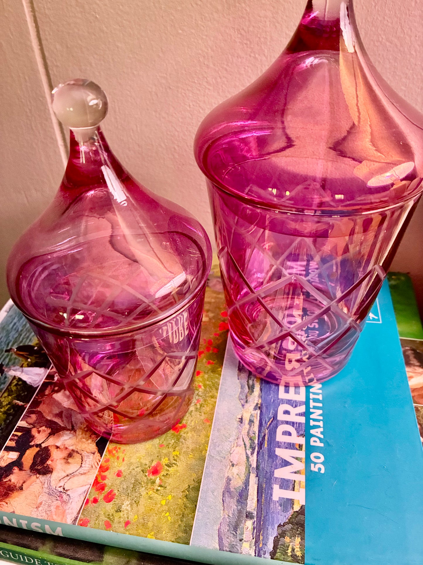 MCM flashed cranberry pink vanity jars