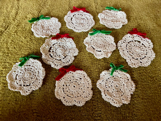 Handmade chrochet doily ornaments with velvet bows
