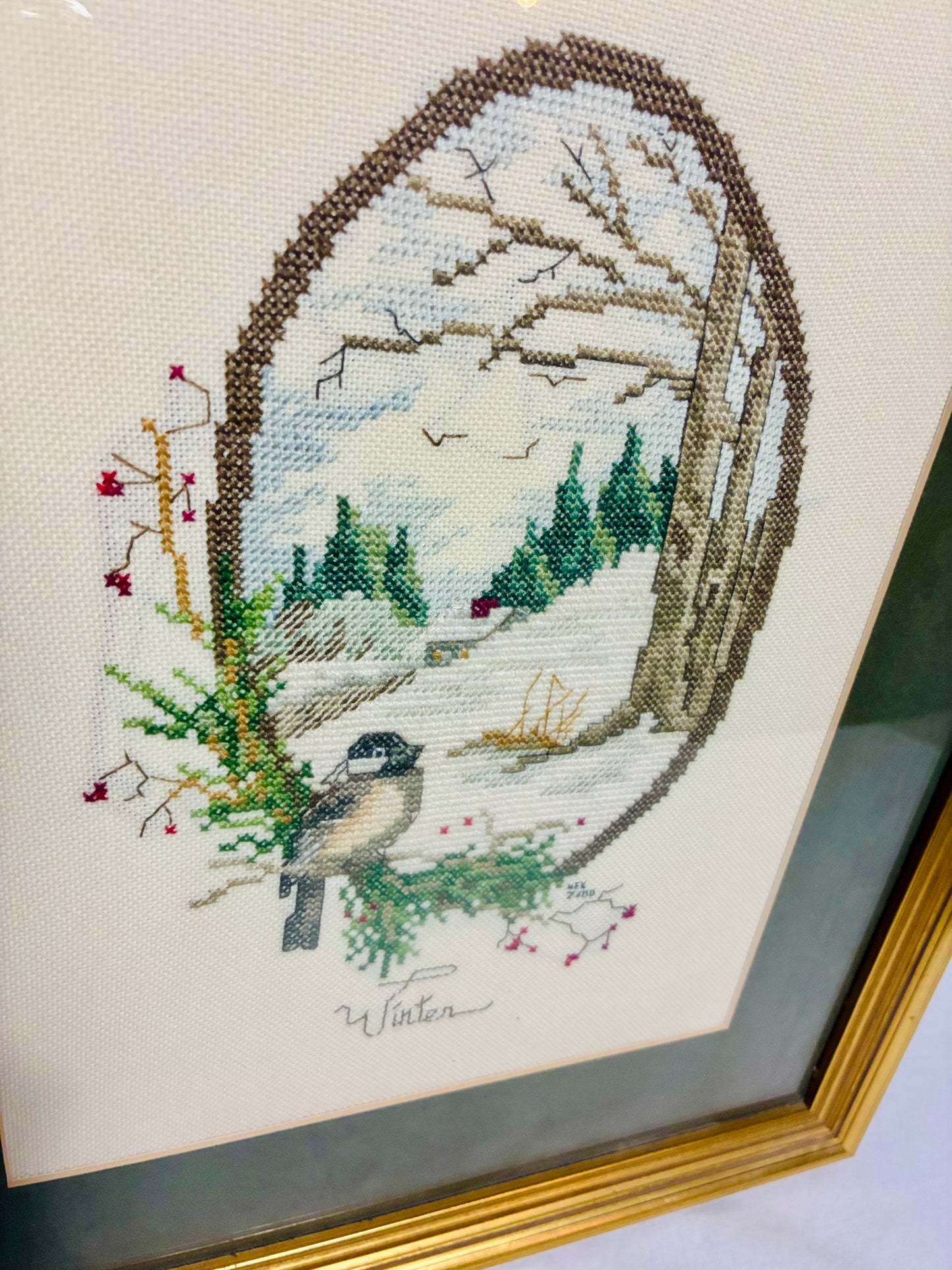 Framed Vintage Winter Cross-Stitch | 13” x 16”