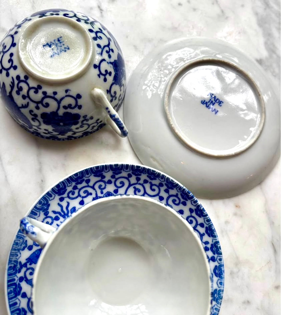Vintage Blue & White Phoenix Tea Set - Trio of Cups and Saucers