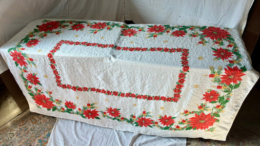 Vintage poinsettia linen tablecloth