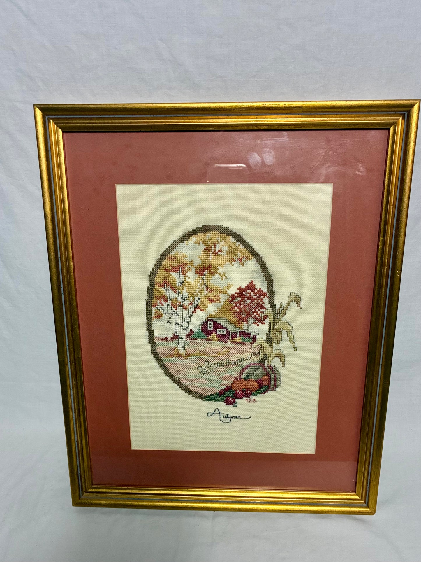 Framed Vintage Autumn Cross-Stitch | 16” x 13”
