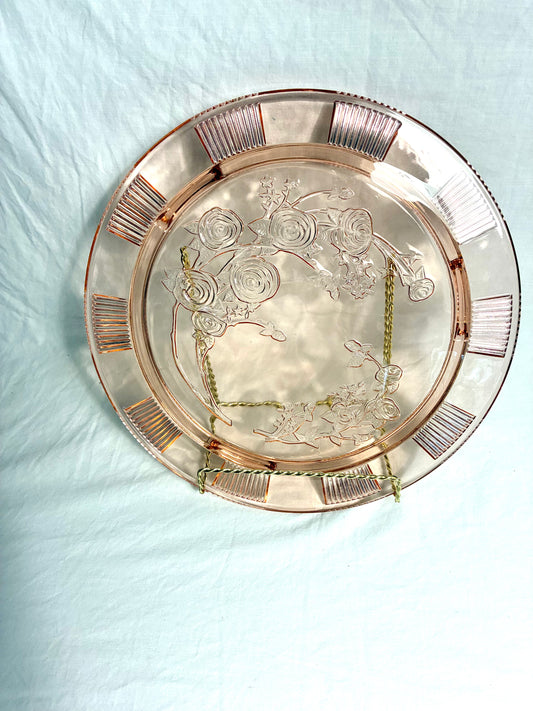 Pink Depression glass cake plate