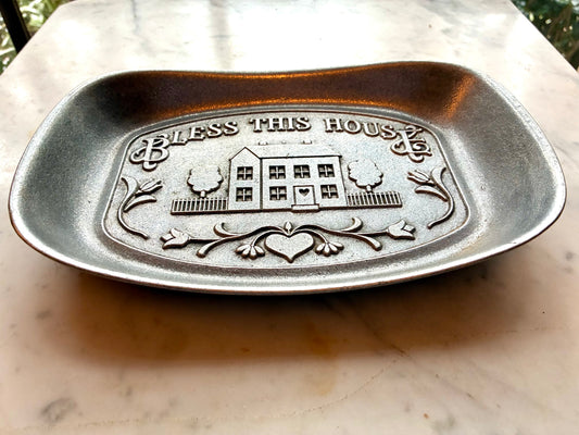Vintage pewter oblong tray "bless this house"