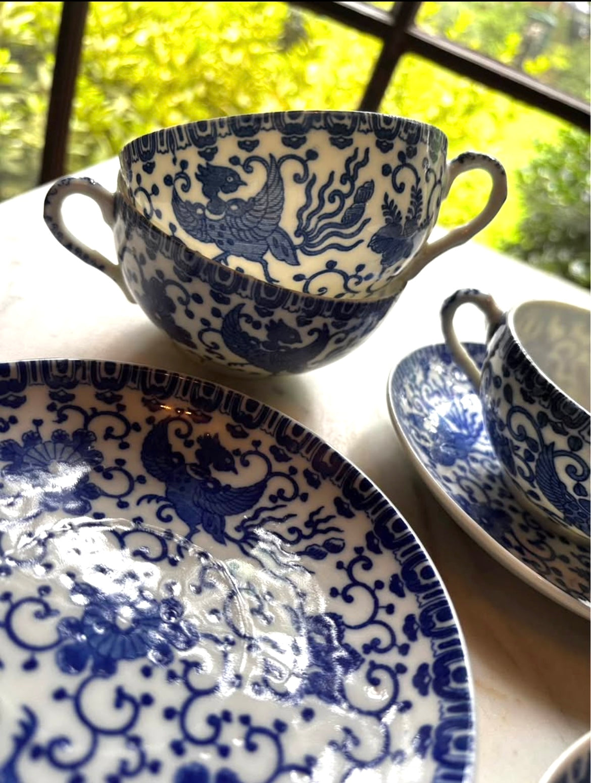 Vintage Blue & White Phoenix Tea Set - Trio of Cups and Saucers