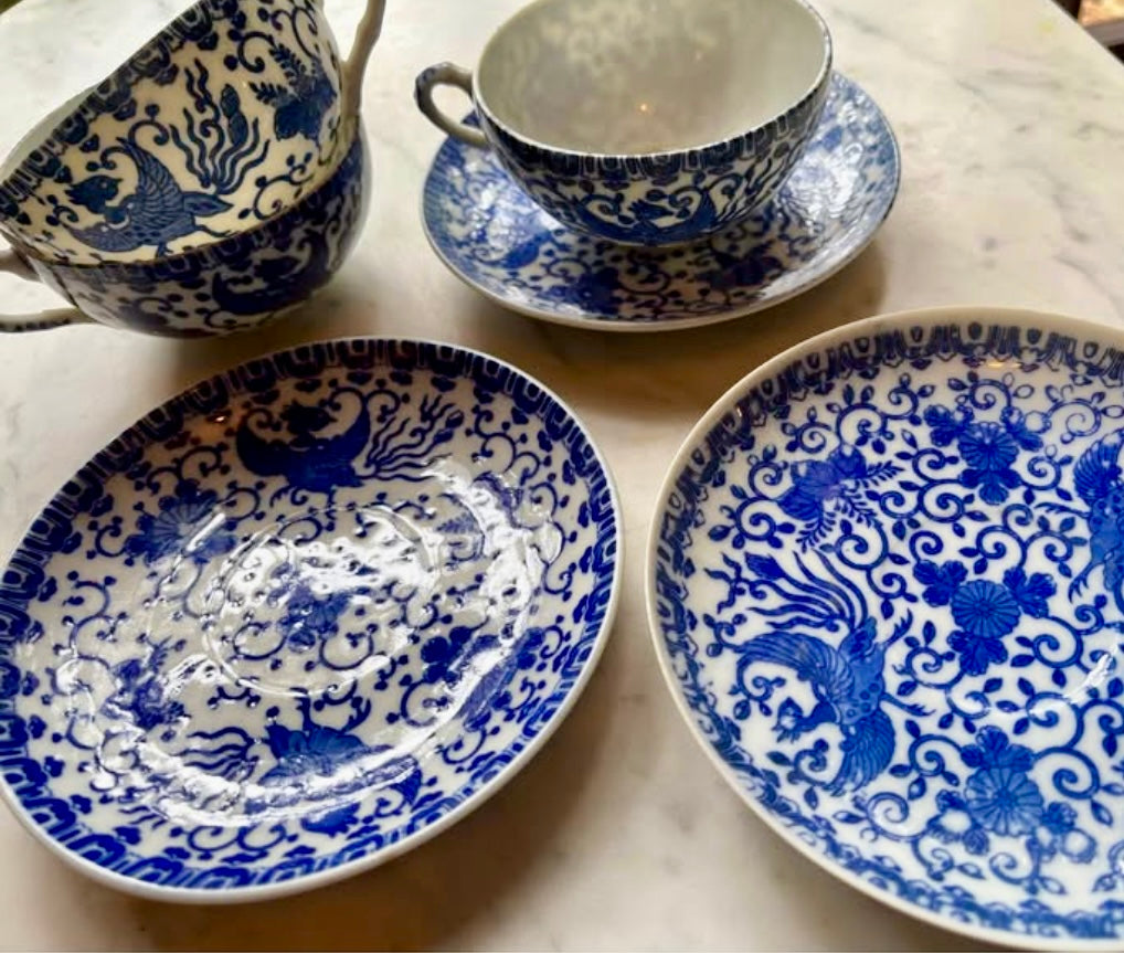 Vintage Blue & White Phoenix Tea Set - Trio of Cups and Saucers