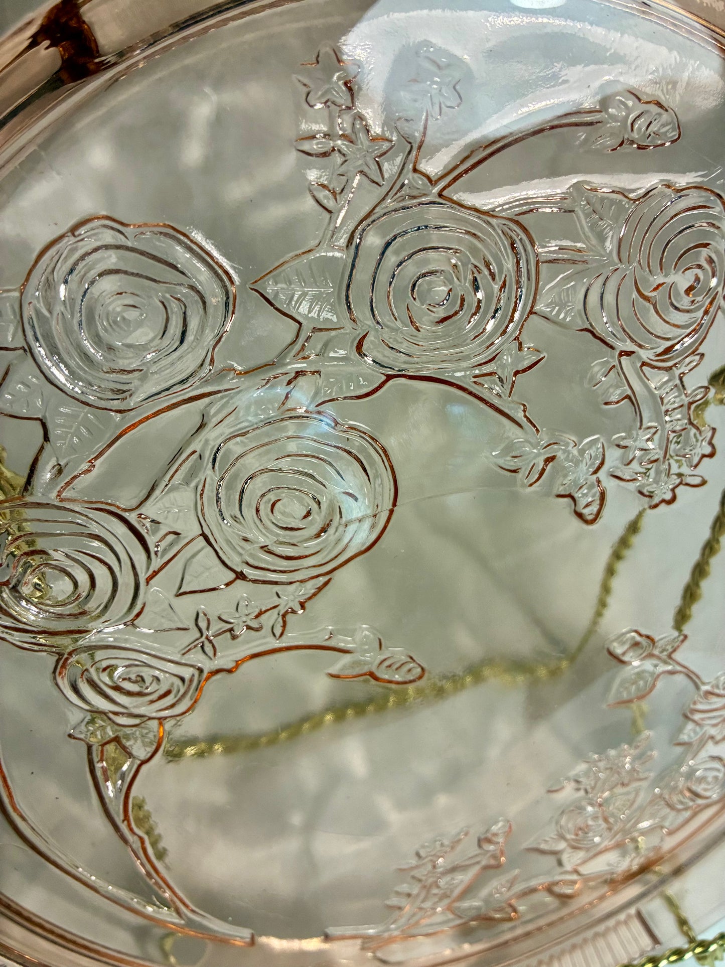 Pink Depression glass cake plate