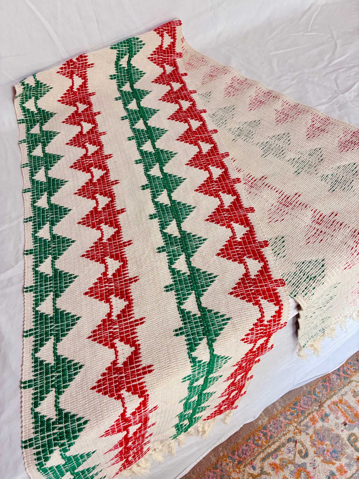 Vintage hand woven cotton table runner featuring Christmas trees