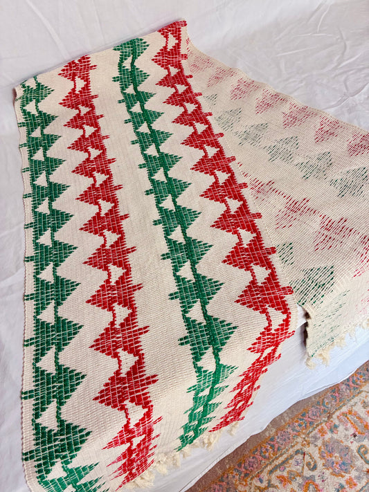 Vintage hand woven cotton table runner featuring Christmas trees