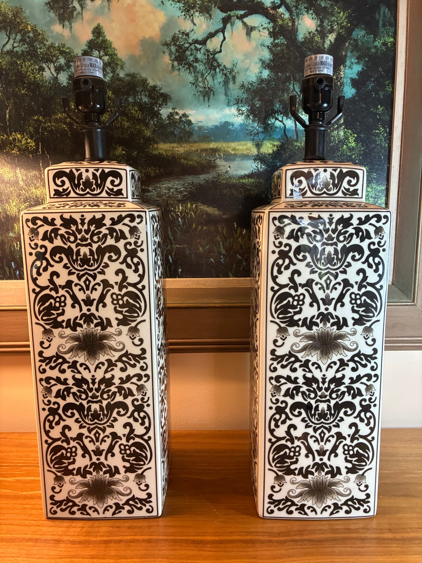Pair of ginger jar lamps with damask muse black pattern