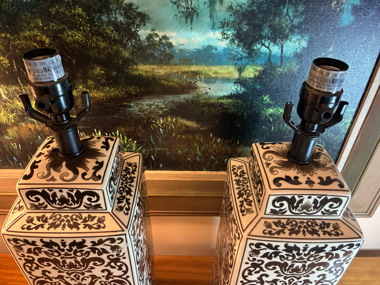 Pair of ginger jar lamps with damask muse black pattern