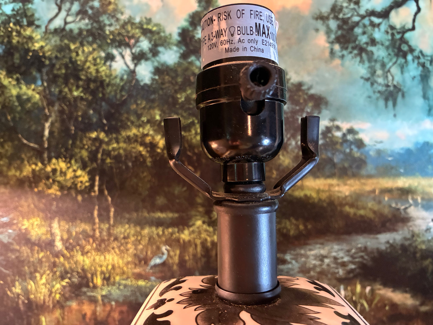 Pair of ginger jar lamps with damask muse black pattern