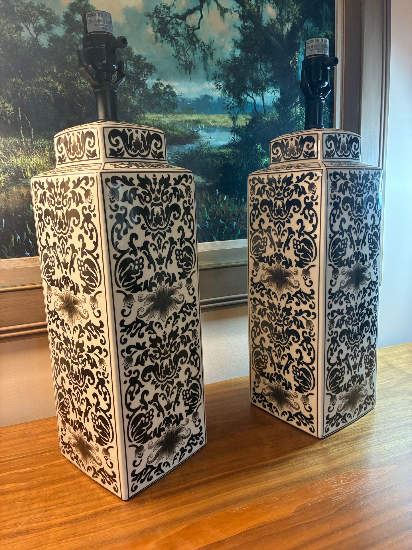 Pair of ginger jar lamps with damask muse black pattern