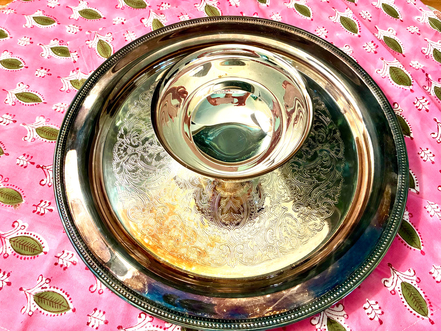 Silverplate serving tray with condiment bowl