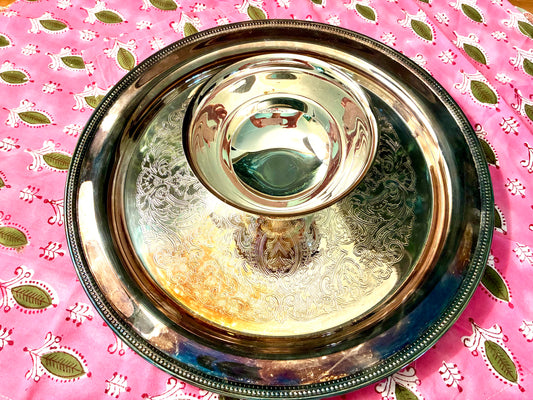 Silverplate serving tray with condiment bowl