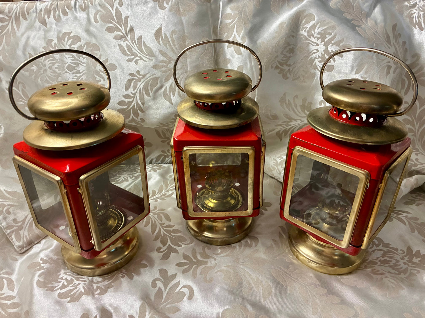 Vintage red enamel and brass carriage lanterns