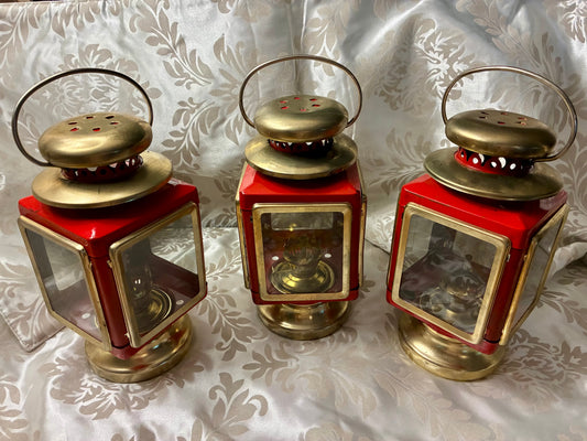 Vintage red enamel and brass carriage lanterns