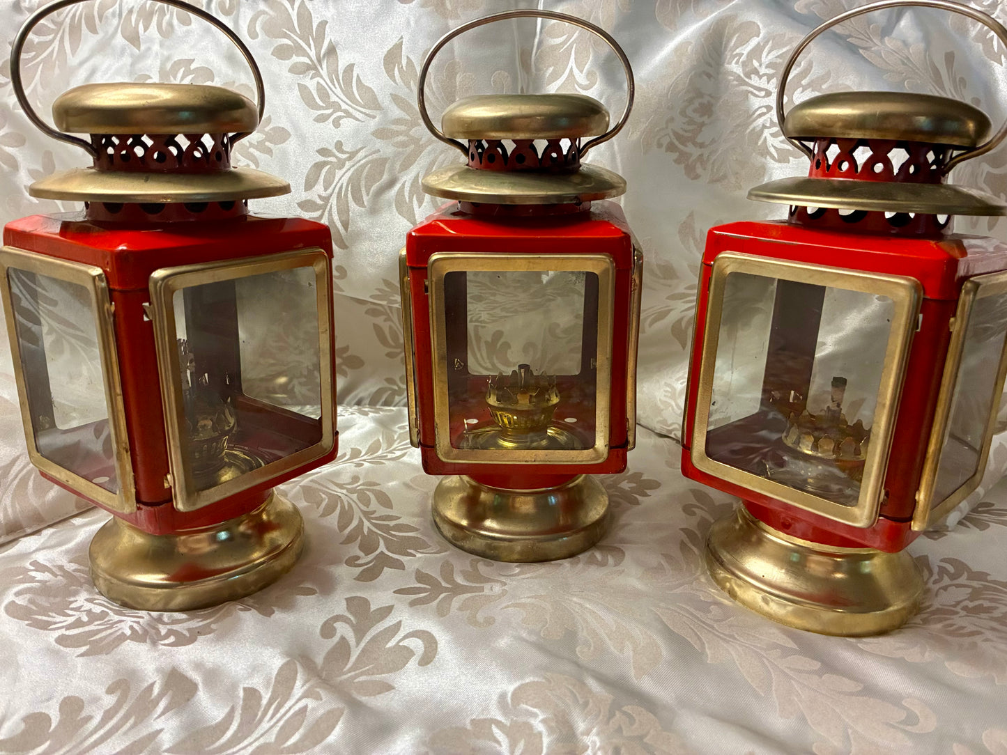 Vintage red enamel and brass carriage lanterns