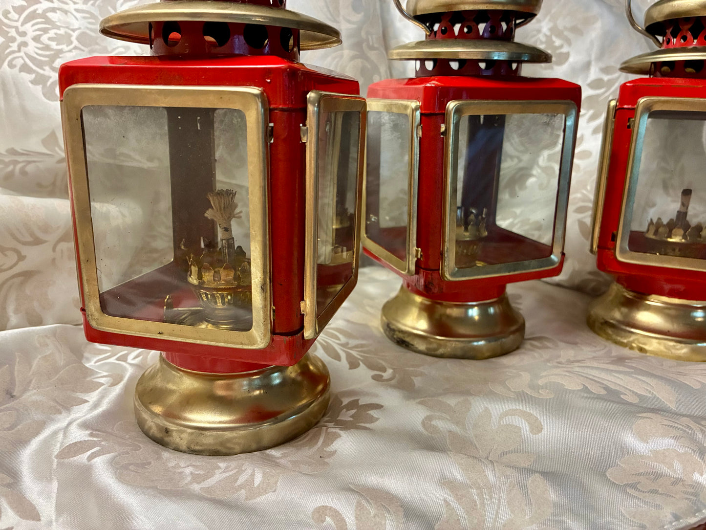 Vintage red enamel and brass carriage lanterns