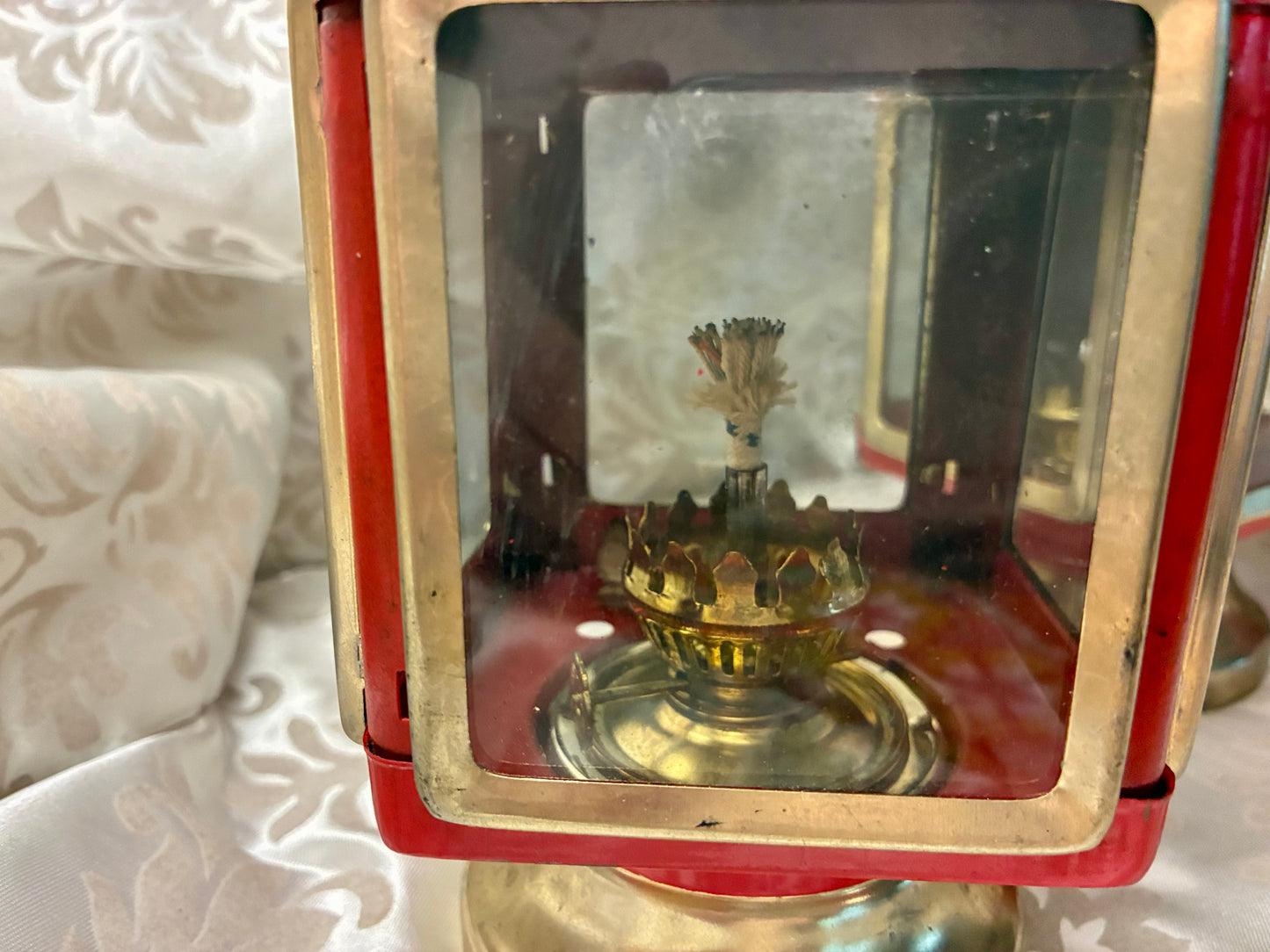 Vintage red enamel and brass carriage lanterns