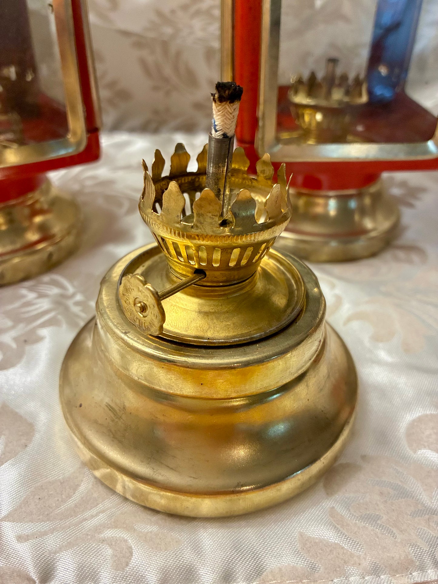 Vintage red enamel and brass carriage lanterns