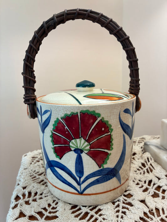 Beautiful vintage handpainted Japanese biscuit jar w wicker handle