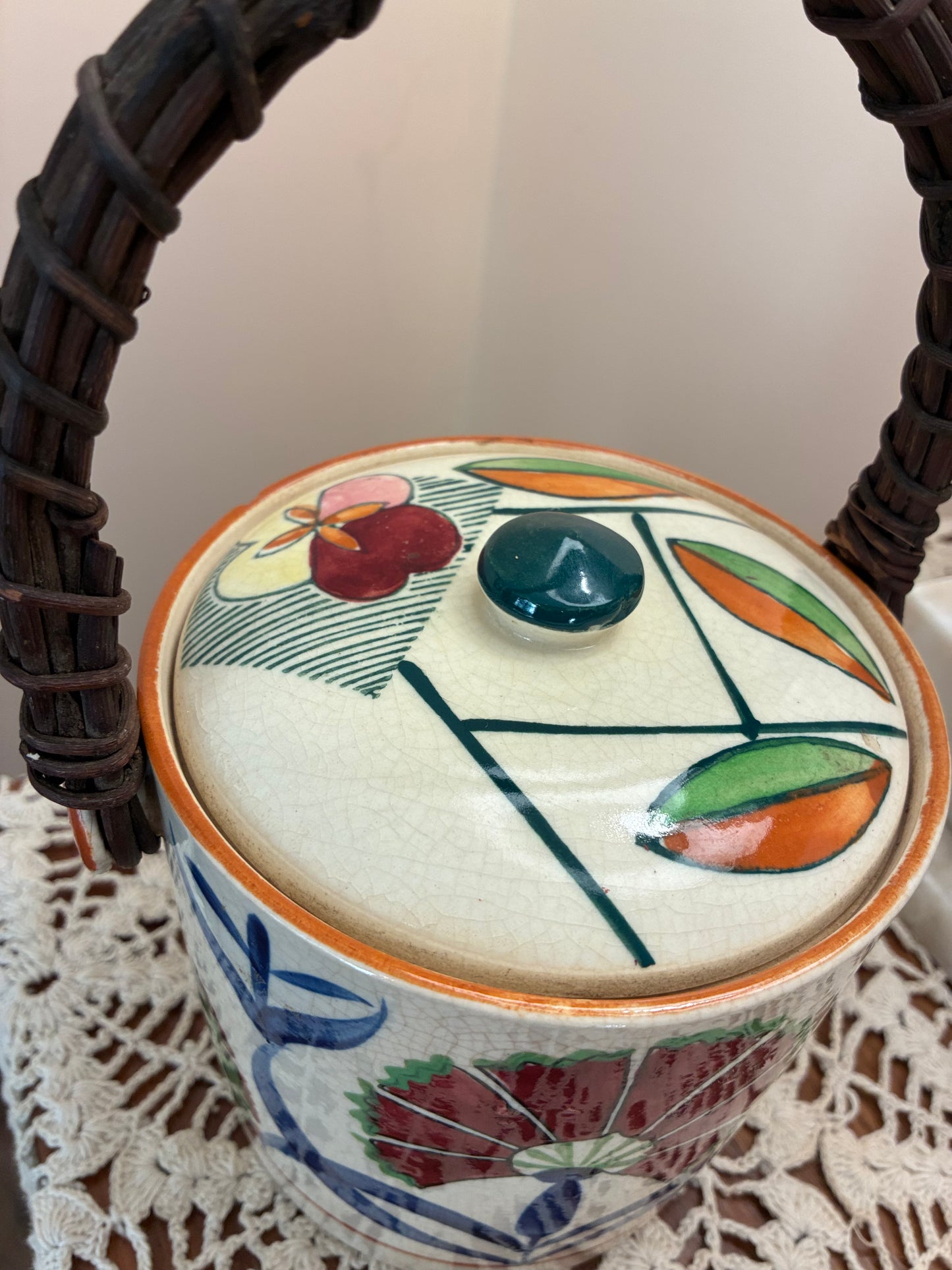 Beautiful vintage handpainted Japanese biscuit jar w wicker handle