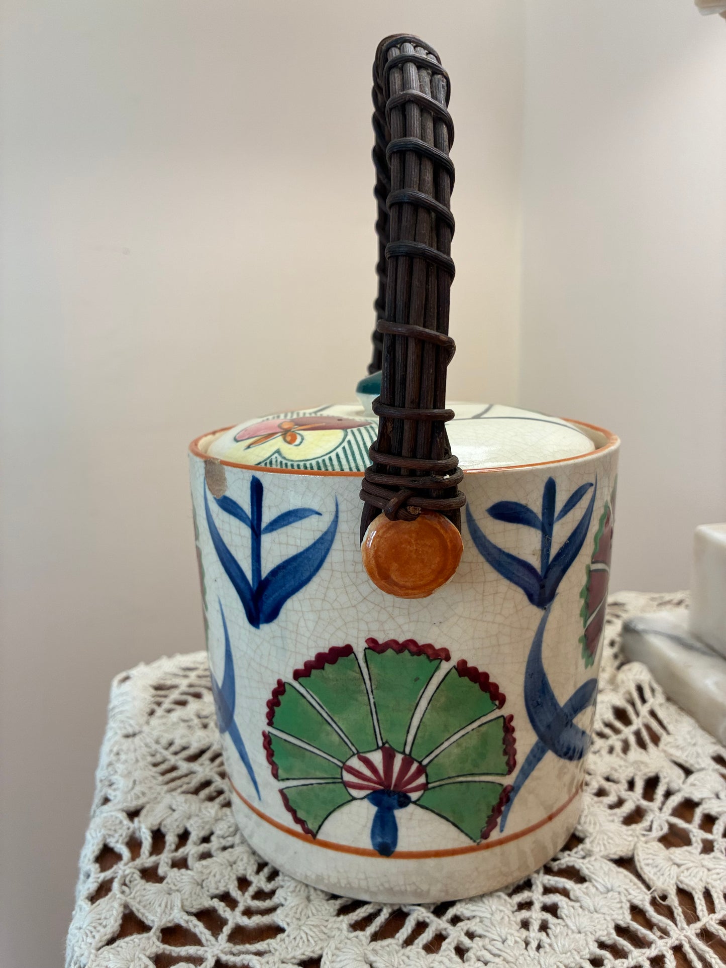 Beautiful vintage handpainted Japanese biscuit jar w wicker handle