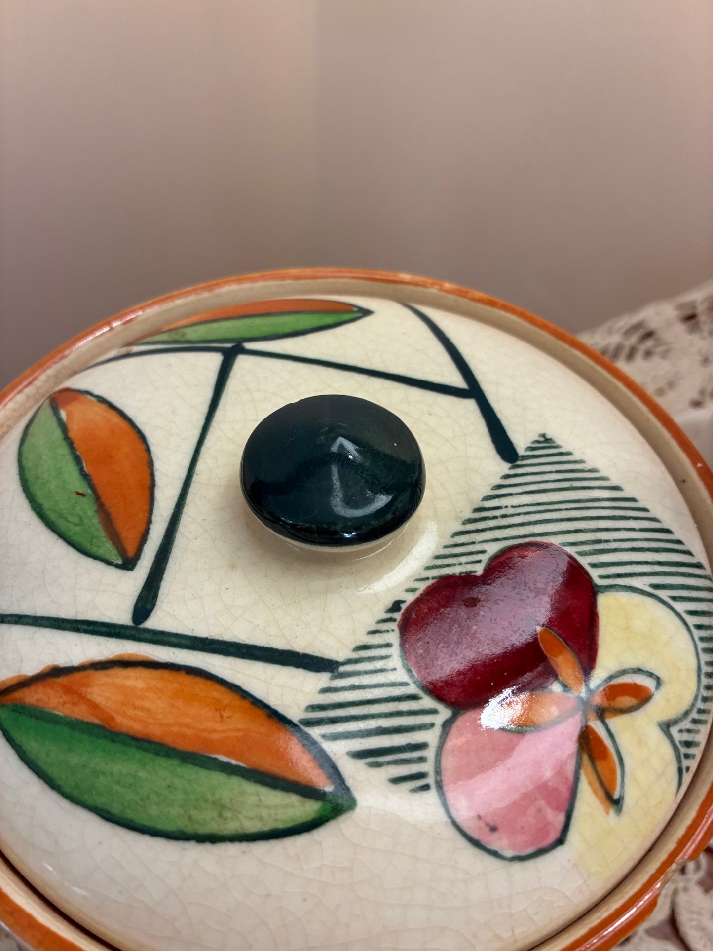 Beautiful vintage handpainted Japanese biscuit jar w wicker handle