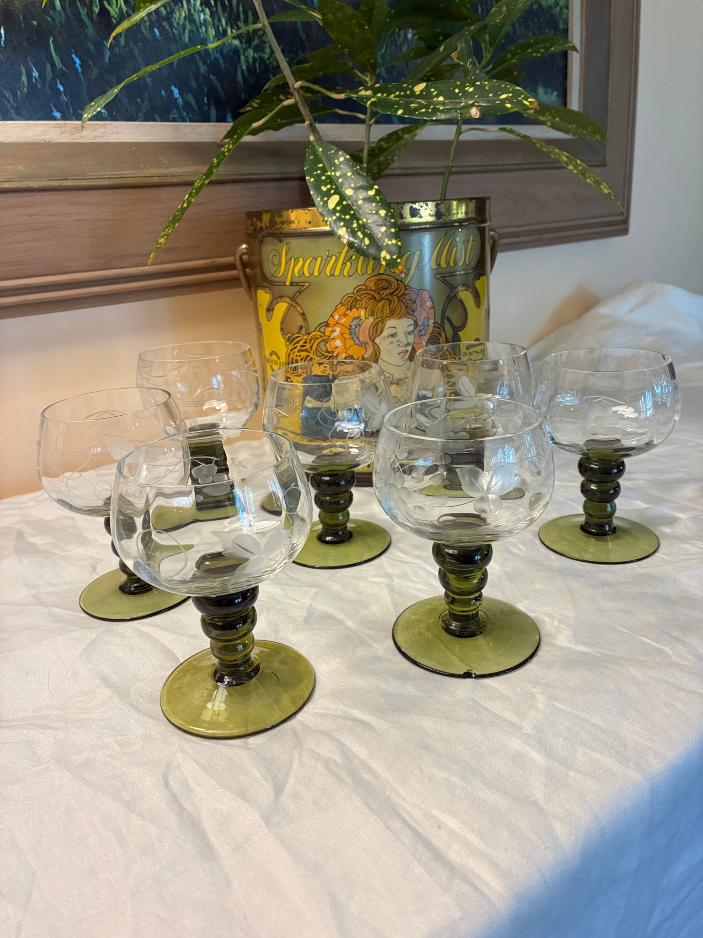 Set of 6 Vintage Etched Wine Goblets with Olive Green Bubble Stems | Heirloom Floral Glassware