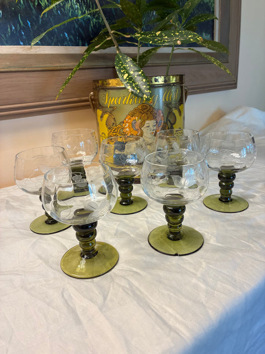Set of 6 Vintage Etched Wine Goblets with Olive Green Bubble Stems | Heirloom Floral Glassware