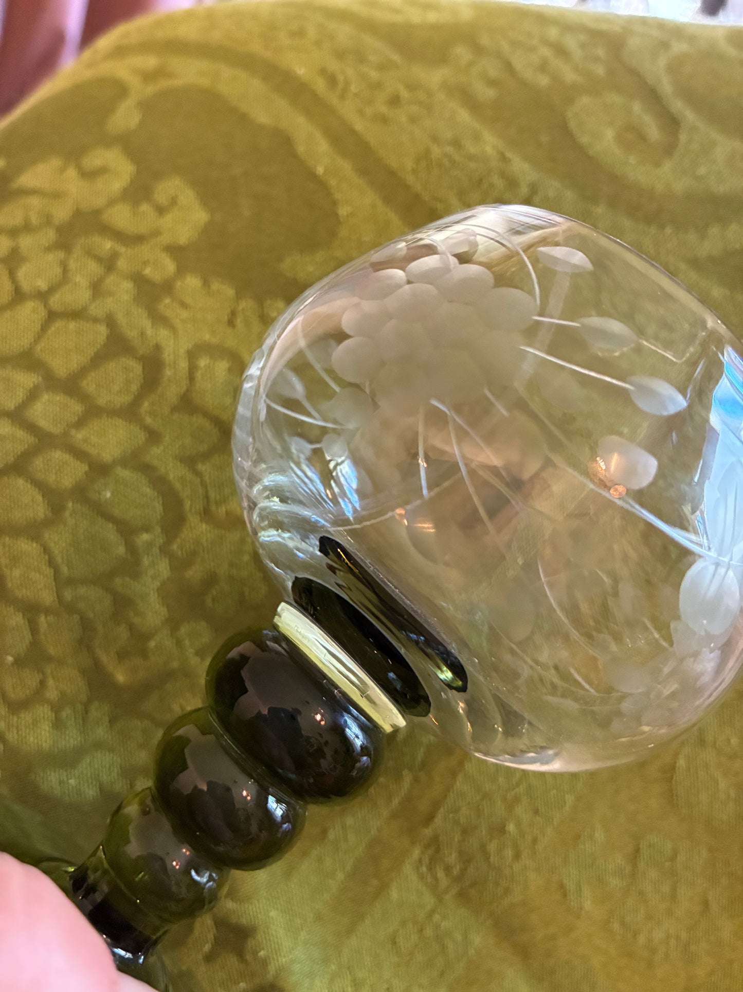 Set of 6 Vintage Etched Wine Goblets with Olive Green Bubble Stems | Heirloom Floral Glassware