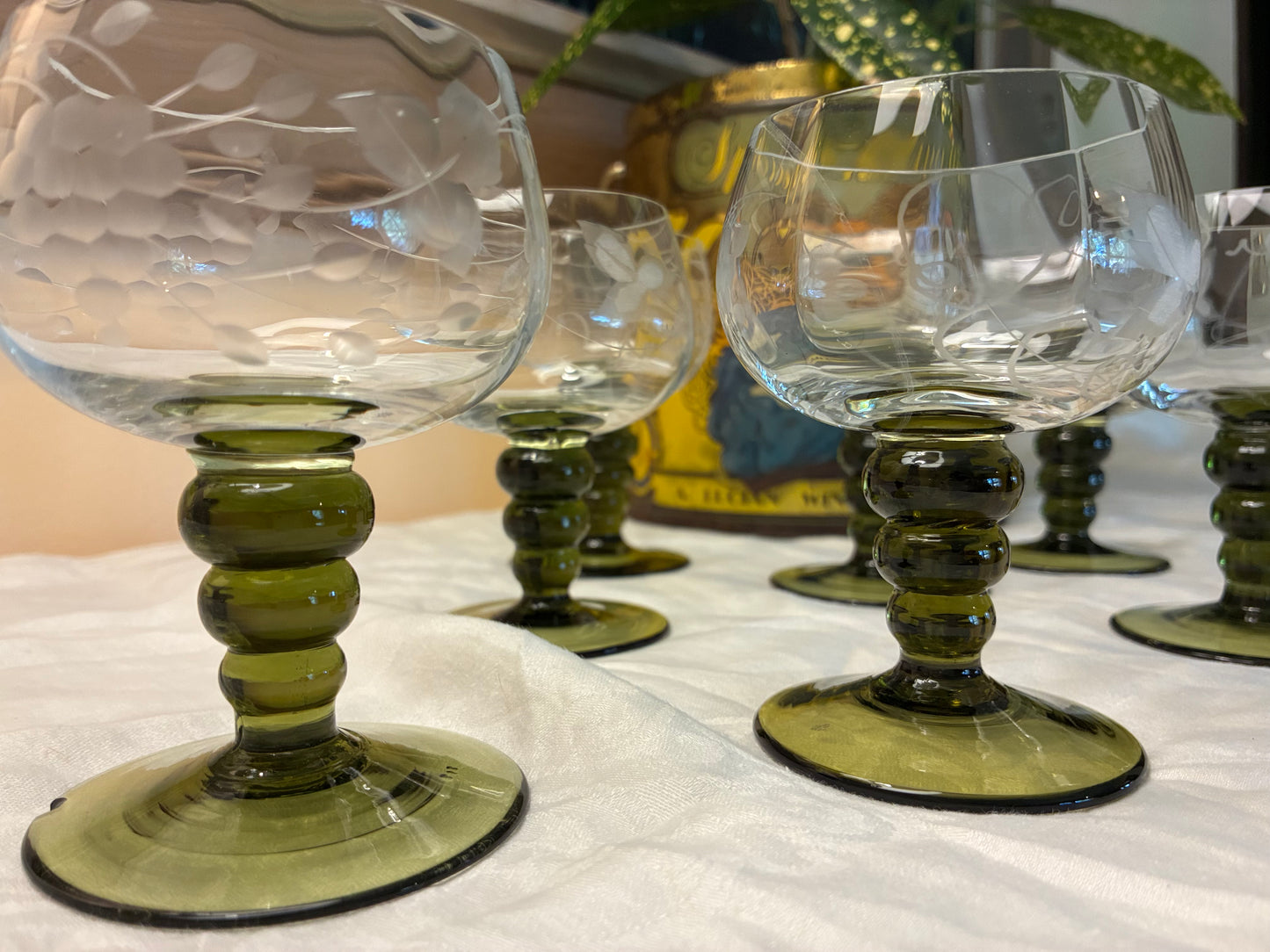 Set of 6 Vintage Etched Wine Goblets with Olive Green Bubble Stems | Heirloom Floral Glassware