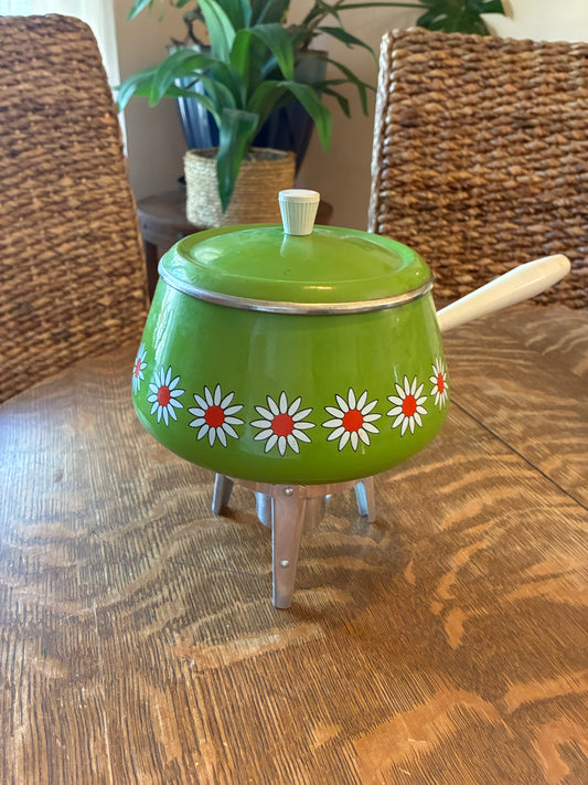 Retro grass green fondue pot with daisies