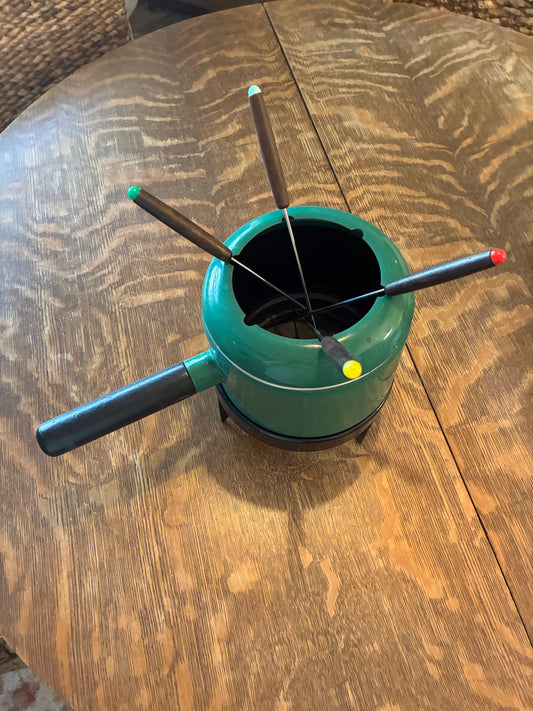 Green enamel fondue pot