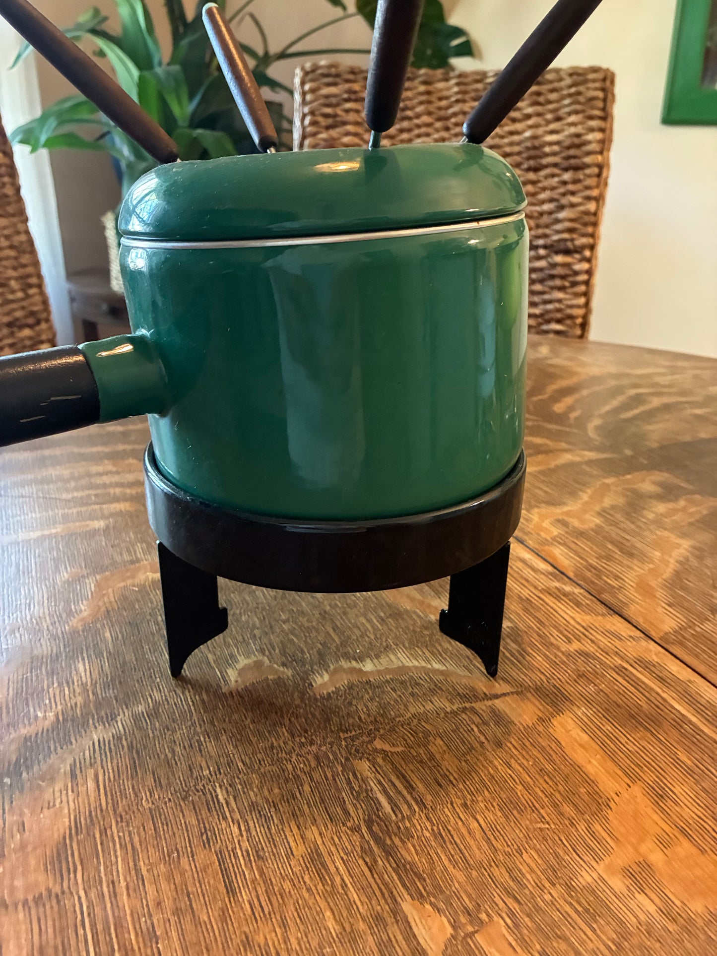 Green enamel fondue pot