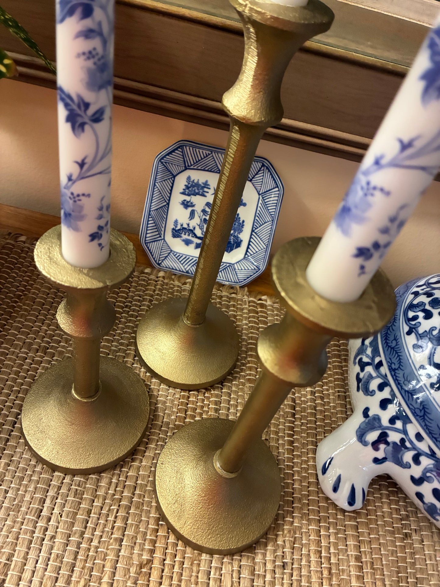 Brushed gold metal candlesticks (set of 3)