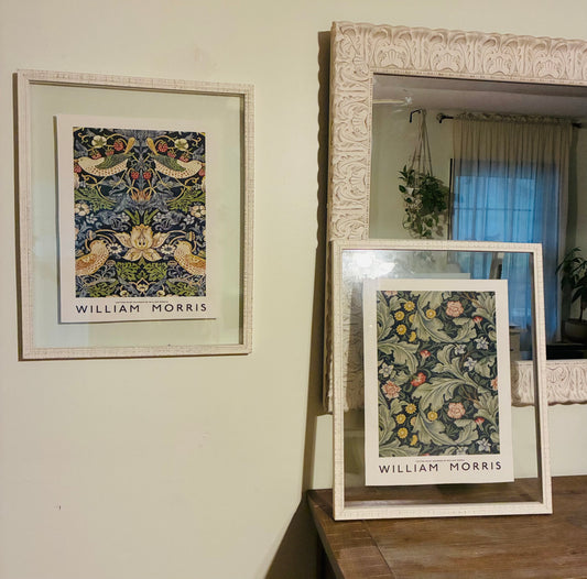 Framed pair of William Morris canvas prints under glass