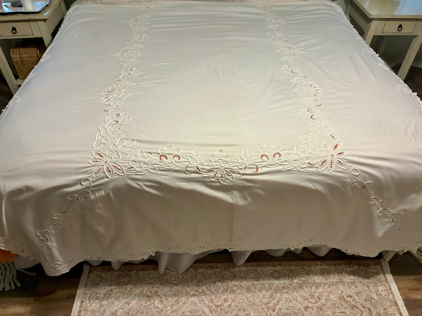 Vintage white cotton cutwork coverlet ( queen)