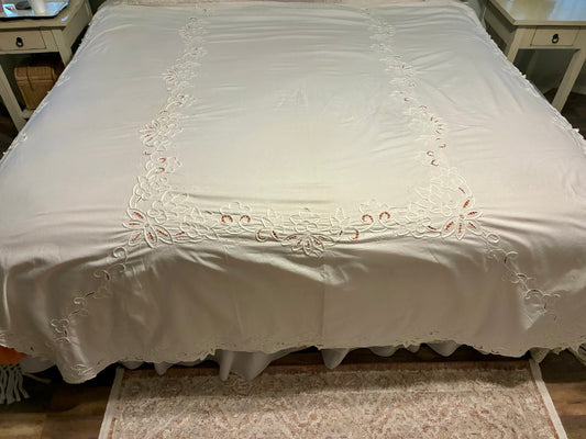 Vintage white cotton cutwork coverlet ( queen)