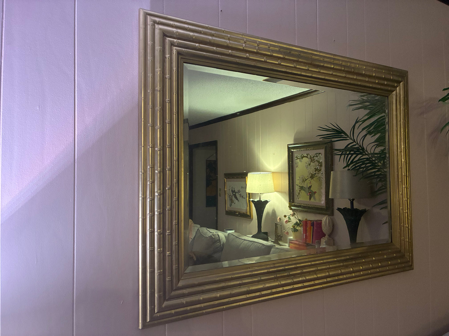 Vintage faux bamboo hollywood regency style gilded framed mirror